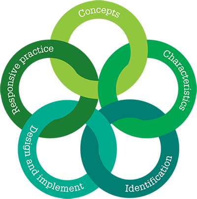 The 5 rings used in the handbook (Concept, Characteristics, Identification, Programmes and Self review) have been built upon and modified in the website. The 5 rings have been renamed Concepts, Characteristics, Identification, Design and Implement and Responsive Practice and are consolidated to three tabs on the web site: ‘Define and Identify’, ‘Design and Implement’ and ‘Responsive Practice’..